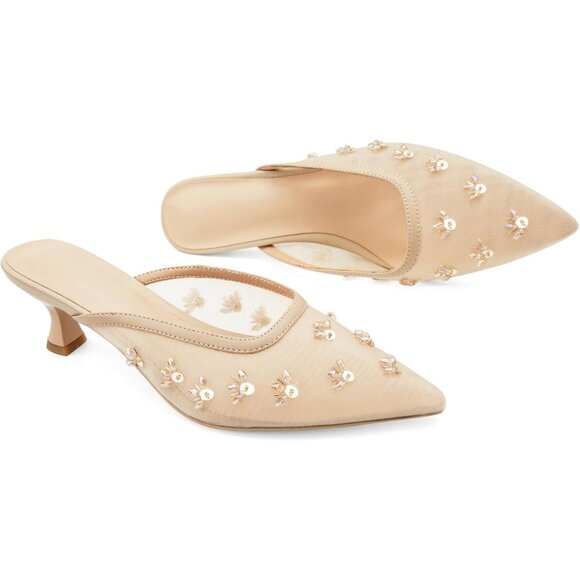 🆕Women Cream Kitten Heel Mules Flower Decor Mesh Pointed Toe Low Heel Pumps - Picture 6 of 7